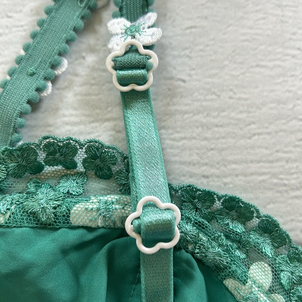 For Love & Lemons Daisy Embroidered Longline Bra Jade Teal White Size 38C - Picture 10 of 12